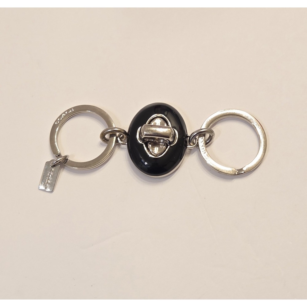 Vintage Coach Turnlock Valet Keychain Black Enamel Silver Dual Fob Key Ring Rare